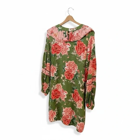 FARM Rio Anthropologie Elinor Tunic Dress Green & Pink Floral Ruffle Size M - Picture 4 of 14